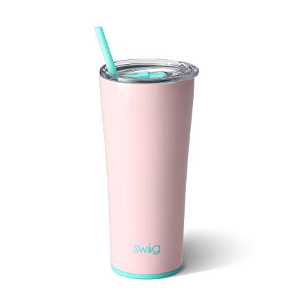Swig Life Stainless Steel Signature 22oz Tumbler with Spill Resistant Slider Lid and Reusable Straw in Blush