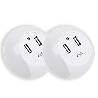 KMC-LED Light-Controlled Night Light with Light Sensor,wall outlet power splitter with 2 USB Wall Plate Charger 5V 2.1A,Bedroom Hallway Bathroom Living Room (Night Light with 2 USB-(2 Pack))