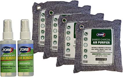 ZORBX Got You Covered Kit (4 All-Natural Bamboo Charcoal Air Purifying 250g Bag   2 Unscented Odor Remover 2 oz Bottle) for Office Home Drawers Gym Bag Pets RV Boat Car Basement Attic Closet Fridge