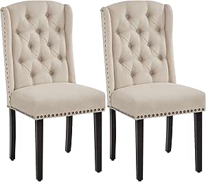 Yaheetech Dining Chairs Upholstered Fabric Chairs Tufted Kitchen Chairs with Solid Wood Legs, Nailhead Trims for Dining Room Kitchen and Restaurant, 1 Package of 2pcs, Beige