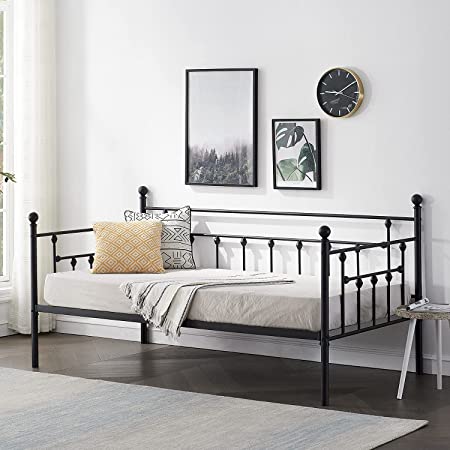 VECELO Daybed Victorian Style Multifunctional Metal Platform with Headboard,Frame Twin Size Mattress Foundation/Children Bed Sofa for Guest Living Room