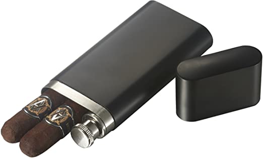Visol Toledo Brushed Stainless Steel 2 Finger Cigar Case with Flask - Black Matte