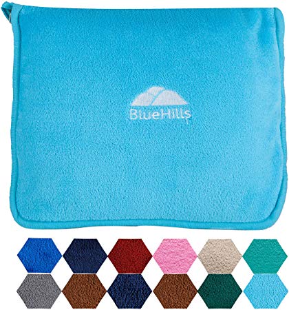 BlueHills Premium Soft Travel Blanket Pillow Airplane Flight Blanket Throw in Soft Bag Pillow Case with Luggage Belt & Backpack Clip Compact Pack Large Blanket for Travel Light Blue (Sky Blue T000)