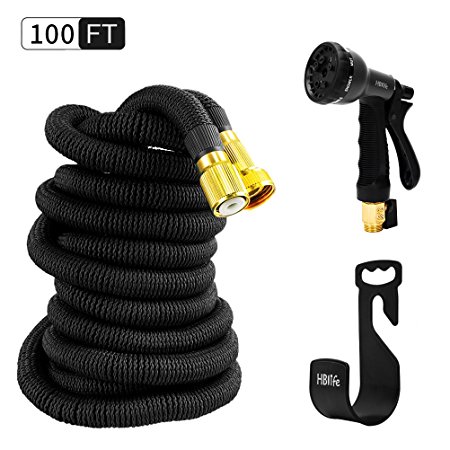 HBlife 100 ft Expandable Garden Water Hose with 8 Spray Pattern Nozzle, Hose Hanger & Storage Bag