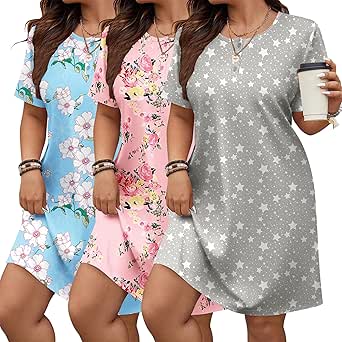 Ekouaer 3 Pack Women's Sleepshirts Short Sleeve Nightshirt Soft Nightgown Button Down Sleepwear (Available in Plus Size)