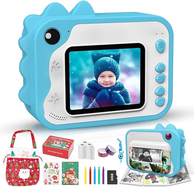 USHINING Camera for Kids 12MP Digital Camera for Kids Aged 3-12 Ink Free Printing Video Camera for Kids 1080P 2.4 Inch Screen with 32GB SD Card,Color Pens,Print Papers (Blue)