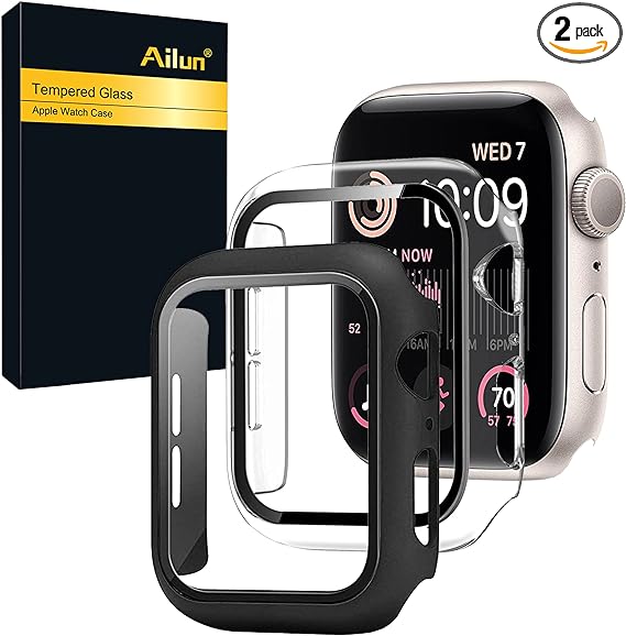 Ailun for Apple Watch SE 2022/2020, Series 6/5/4 Screen Protector[44mm], Ultra-Thin Hard PC Case Built in Tempered Glass Screen Protector for iWatch, Shockproof Cover with Button [2 Pack][Black Clear]