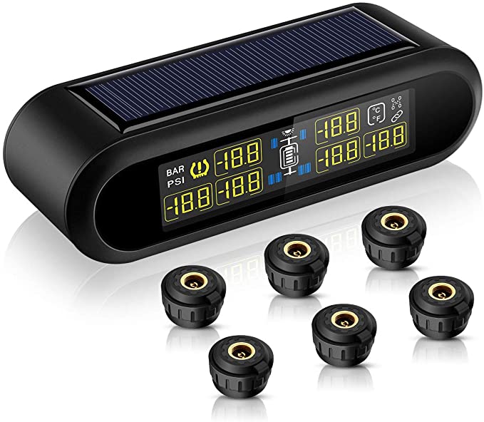 Blueskysea Solar Power Wireless TPMS Tire Pressure Monitoring System 6 External Sensors for Car RV Tow Trailer Pickup Truck, Real-time Alarm Pressure and Temperature LCD Display