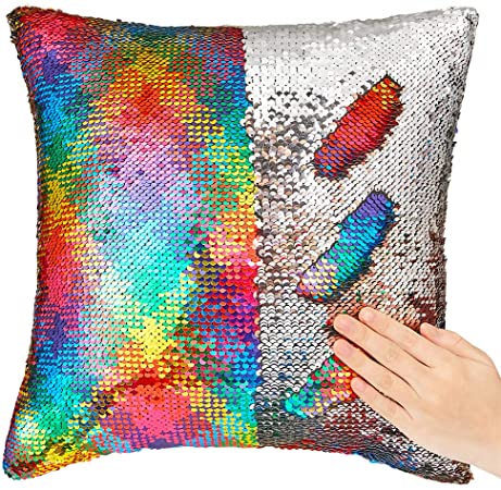 ICOSY Mermaid Sequin Pillow Case, Mermaid Toy Pillow Cover Decorative Cushion Cover Reversible Sequin Pillowcase Home Decor 16"x16"