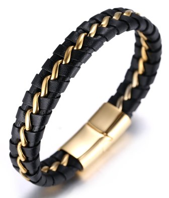 Halukakah "HONOUR" Men's Genuine Leather Titanium Bracelet Black & Golden 8.46"(21.5cm) with FREE GIftbox