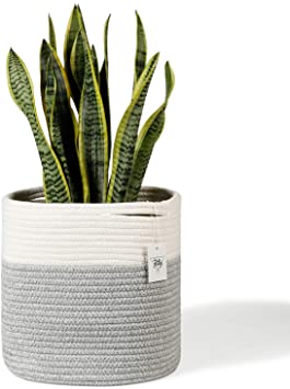 POTEY 700902 Cotton Rope Woven Plant Basket Modern Woven Basket for 10" Flower Pot Floor Indoor Planters, Storage Organizer Basket Rustic Home Decor, White Grey Stripes 11"x 11"