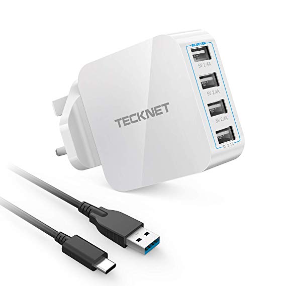 TeckNet Wall Charger 8A / 40W USB Charger Plug 4 Port Mains Power Adaptor and BLUETEK Smart Charging Compatible With iPhone XS/XR/XSMax/X/8/7/Plus,Galaxy,Nexus,HTC,and More,Supplied With USB C Cable