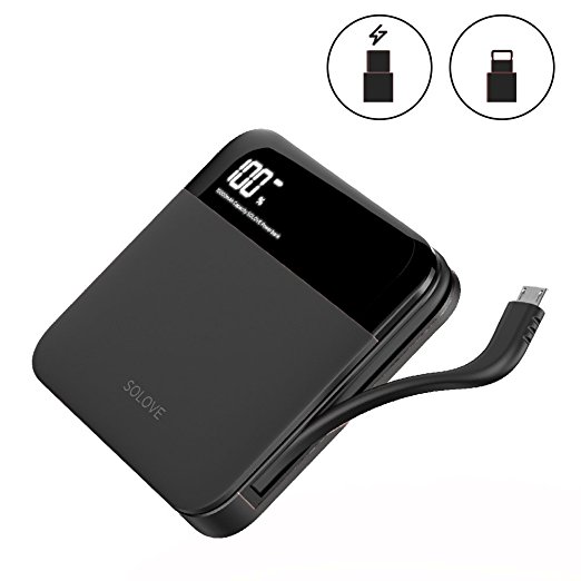 Portable Charger 10000mAh Solove Power Bank Battery Packs Small with Built-in Cable Ultra-Compact Dual-Output External Backup Phone Charger for iPhone,Samsung and More(Black)