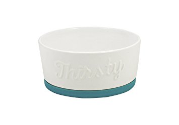 Winifred & Lily 5" White & Teal Ceramic Pet Bowl with Non-Skid Rubber Bottom, "Thirsty" Non-Slip Pet Bowls for Pets