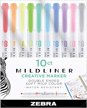 Zebra Mildliner, Double Ended Highlighter, Broad and Fine Tips, Assorted colors, 10-Count