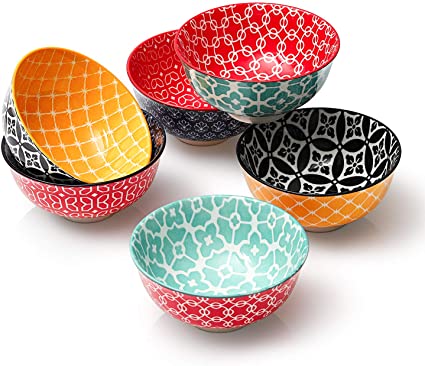 DOWAN Dessert Bowls, 10 Ounce Small Porcelain Bowls for Snacks, Rice, Condiments, Side Dishes, Ice Cream, Set of 6, Colorful