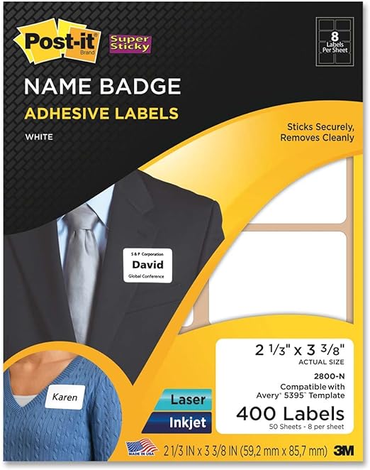 Post-it 2800-N Super Sticky Name Badge Labels, 2-1/3 x 3-3/8, White, 400/Pack