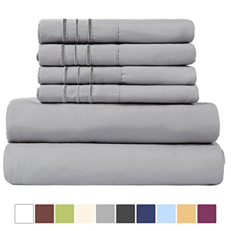 EASELAND 6-Pieces 1800 Thread Count Microfiber Bed Sheet Set-Wrinkle & Fade Resistant,Deep Pocket,Hypoallergenic Bedding set,King,Grey