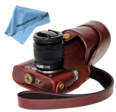 MegaGear "Ever Ready" Protective Dark Brown Leather Camera Case , Bag for Fujifilm X-M1 (XM1, X-a1) Compact System with 16-50mm Lens