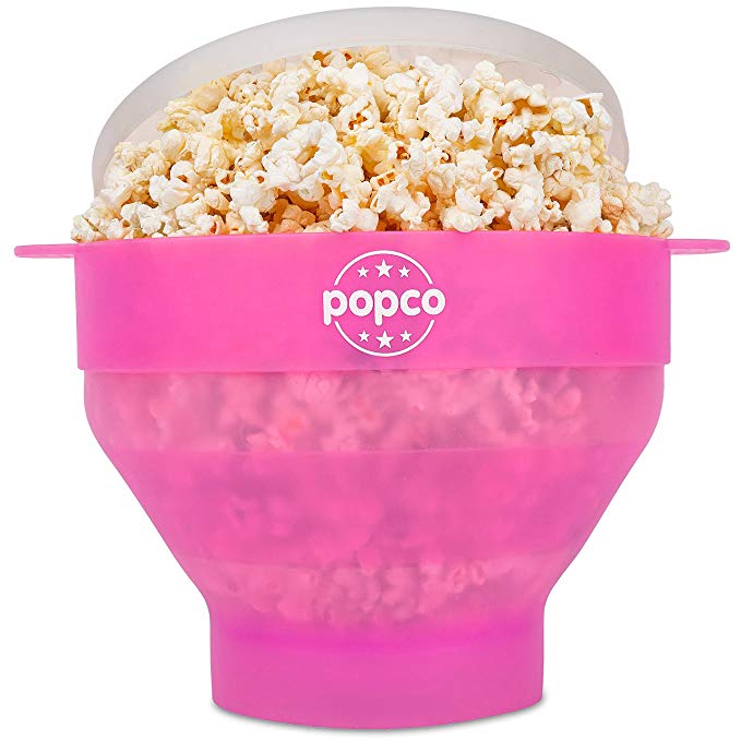 The Original Popco Silicone Microwave Popcorn Popper with Handles, Silicone Popcorn Maker, Collapsible Bowl Bpa Free and Dishwasher Safe (Transparent Pink)