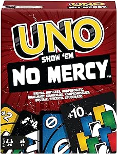 Mattel Games UNO No Mercy - La versione di UNO più brutale di sempre, con 56 nuove carte, regole speciali, come Salta Tutti, Pesca 6 e Pesca 10, giocattolo per bambini, 7  anni, HWV18