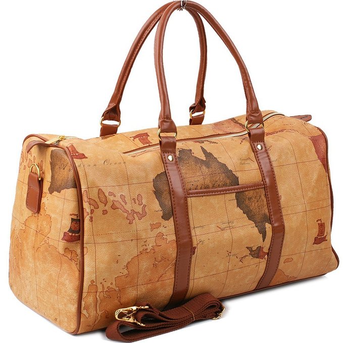 World Map Large Duffle Bag Travel Tote Luggage Boston Style
