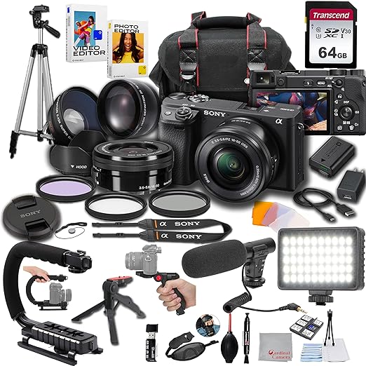 Sony a6400 Camera with 16-50mm Lens Bundle Including Transcend 64GB SD Card, LED Video Light, Shotgun Microphone, Deluxe Camera Bag, Tripod, Stabilizer, Lenses, Filters, and More - Complete Video Kit