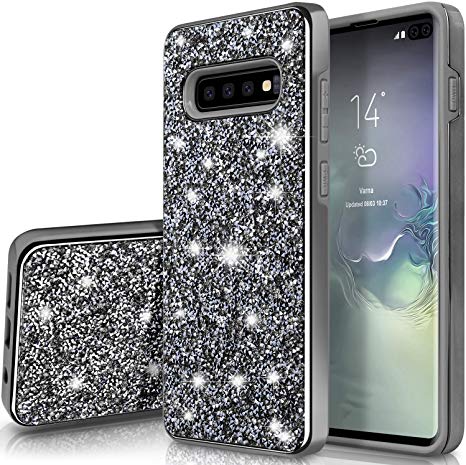 SQMCase Galaxy S10 Case, Heavy Duty Glitter 2 in 1 Rugged Hybrid Soft TPU Inner   Hard PC Outer with Crystal Shiny Diamond Protective Shockproof Case for Galaxy S10, Shiny/Black