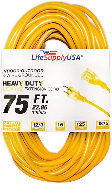 LifeSupplyUSA 12/3 75ft SJT 15 Amp 125 Volt 1875 Watt Lighted End Indoor/Outdoor Heavy Duty Extension Cord (75 Feet)