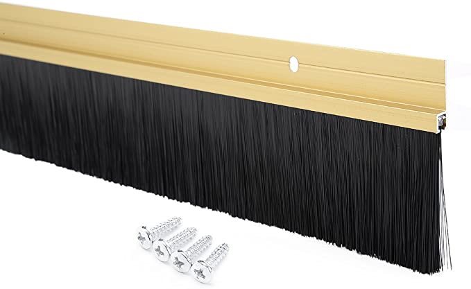 uxcell Door Bottom Sweep Gold Tone Aluminum Alloy w 2-inch Black PP Silicone Soft Brush 39-inch x 2.6-inch