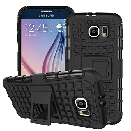 Samsung Galaxy S6 - Stylish Heavy Duty Shock Proof Dual Case Cover with Back Stand & Screen Protector (Carbon Black)