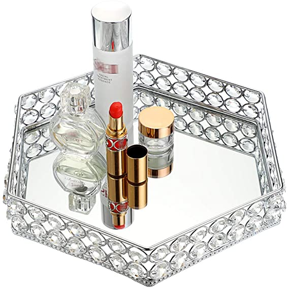 Hipiwe Mirrored Crystal Vanity Makeup Tray, Hexagon Ornate Jewelry Trinket Tray Cosmetic Organizer Perfume Tray Skin Care Tray for Dresser Bathroom,Christmas Birthday Gift for Girl Women