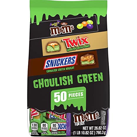 MARS Chocolate M&M'S, SNICKERS & TWIX Ghoulish Green Halloween Chocolate Candy Variety Pack, 26.82 oz, 50 Piece Bag