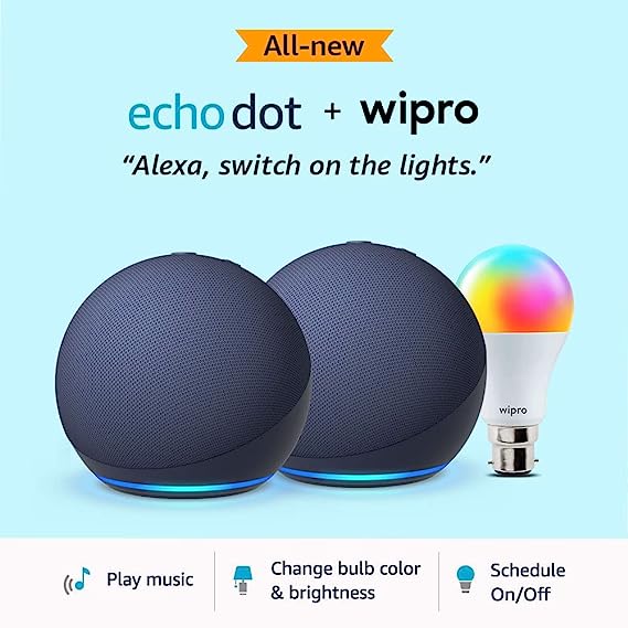 Echo Dot (5th Gen, Blue) gift twin pack with Wipro 9W LED Smart Color Bulb