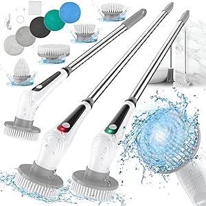 Veken Electric Spin Scrubber, Shower Scrubber with Long Handle and 9 Replaceable Brush Heads, IPX8 Cordless Power Scrubber & 2 Speeds, Electric Cleaning Brush for Bathroom, Tub, Tile, Floor, Glass