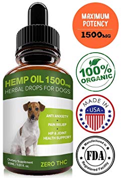 Pawesome Hemp Oil for Dogs Cats - 1500 MG Made in USA Hemp Extract - Organic Pet Hemp Oil - Natural Arthritis Pain Relief, Support Hip & Joint Health, Separation Anxiety, Omega-3, 6