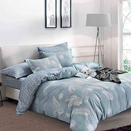 NANKO Duvet Cover Queen Set 3PC - Light Blue and White Leaf Floral Leaves Print Patter 90x90 Soft Luxury Microfiber Quilt Cover with Zipper Closure, Ties - Country Farmhouse Modern for Men Women