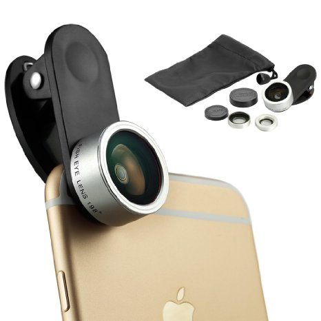 Kasoo 3 in 1 Clip-on 198 Supreme Fisheye  063x Wide Angle  15x Macro Lens for for Iphone 6s 6 5s Android and All Other Smartphones Silver