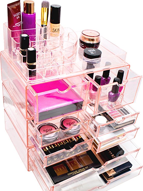 Sorbus Acrylic Cosmetics Makeup and Jewelry Storage Case X-Large Display Sets -Interlocking Scoop Drawers to Create Your Own Specially Designed Makeup Counter -Stackable and Interchangeable (Pink)