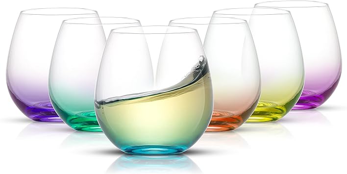 JoyJolt HUE Stemless Wine Glass Set. Large, 15 oz, Stemless, Set of 6. Short Wine Tumblers for White Wine, Red Wine, Water, No Stem Margarita Glasses, Colored