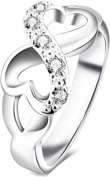LWLH Jewelry Womens 925 Sterling Silver Plated Cubic Zirconia CZ Heart Infinity Symbol Ring Wedding Band
