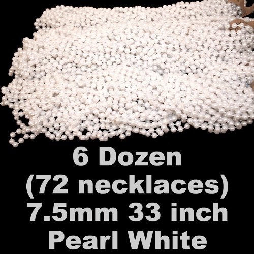33 inch 7.5mm Round Pearl White Mardi Gras Beads - 6 Dozen (72 necklaces)