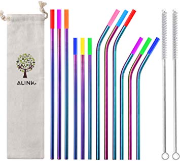 ALINK 12-Pack Reusable Rainbow Metal Drinking Straws with Silicone Covers, Stainless Steel Straws for 30oz / 20oz Yeti/Rtic Tumblers with Cleaning Brush and Carrying Case