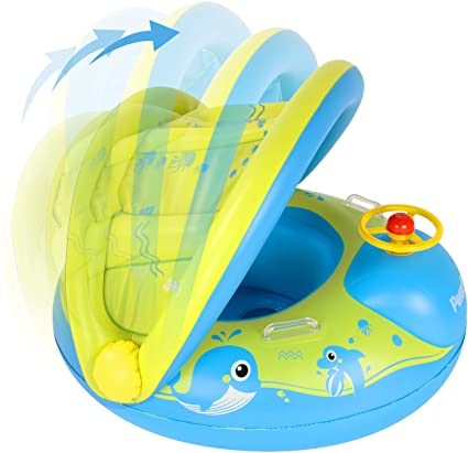 Peradix Baby Swimming Pool Float Boat Trainer Seat Inflatable Swim Rings with Repair Patch and Adjustable Sunshade Kids Inflatable Pool Toys for 6 to 36 Months (25Kg) (Blue-Yellow)