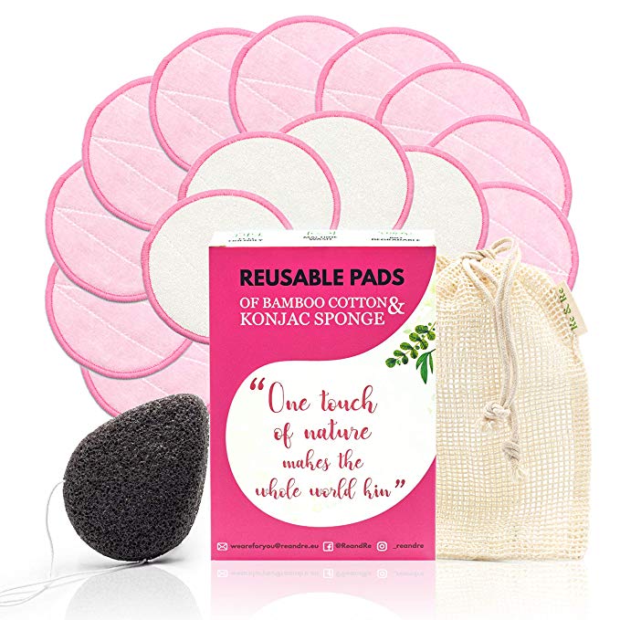 Reusable Makeup Remover Made from Bamboo Cotton - 14 Face Pads - Exfoliating Konjac Sponge and Laundry Bag - only Eco-Friendly Cloths - For all Skin Types - Zero-Waste - Facial Cleansing Set by Re&Re
