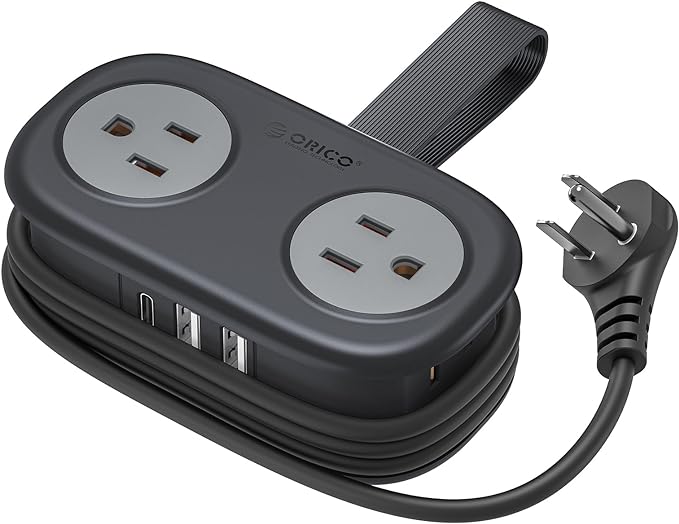 ORICO Travel Power Strip, 4 Outlets 3 USB (1 USB C) with 4FT Wrapped Short Extension Cord, Compact Power Strip for Hotel Travel Cruise Ship Essentials Dorm Room Essentials-Black