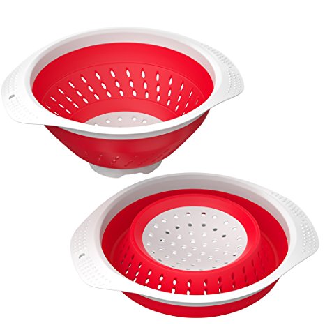Vremi 5 Quart Collapsible Colander - BPA Free Silicone Food Strainer with Handles - Heavy Duty Foldable and Heat Resistant Kitchen Drainer Steam Basket for Pasta and Veggies - Dishwasher Safe - Red
