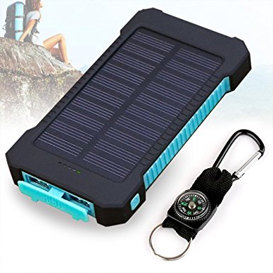 Foreverrise 10000mAh Solar Charger Dual USB Battery Pack Portable Phone Solar Power Bank Waterproof Battery Charger with LED Light and Carabiner with Compass Pack for Most USB Devices(Blue)