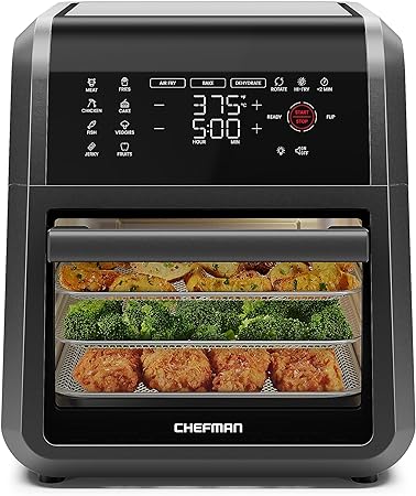 Chefman Air Fryer Oven - 12-Quart 6-in-1 Rotisserie Oven and Dehydrator, 12 Presets with Digital Timer and Touchscreen, Family Size XL Airfryer Countertop Convection Oven, Dishwasher-Safe Parts, Black