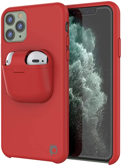 Punkcase iPhone 11 Pro Airpods Case Holder (CenterPods Series) | Slim & Durable 2 in 1 Cover Designed for iPhone 11 Pro (5.8") | Protects Your Phone & Stores Your AirPods Gen. 1 & 2 [Red}